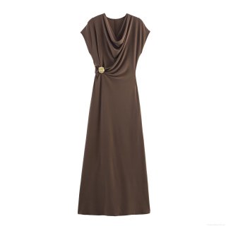 Women Sleeveless Cowl Neck Maxi Dress Elegant Slim Fit Pleated Knit Evening Party Long Dress With Gold Metal Buckle Sexy Cocktail Gown