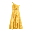 Women's French Style One Shoulder Ruffle Maxi Dress Yellow Jacquard Polyester High Waist Banquet Party Evening Gown