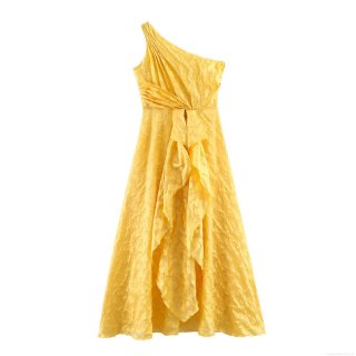 Women's French Style One Shoulder Ruffle Maxi Dress Yellow Jacquard Polyester High Waist Banquet Party Evening Gown