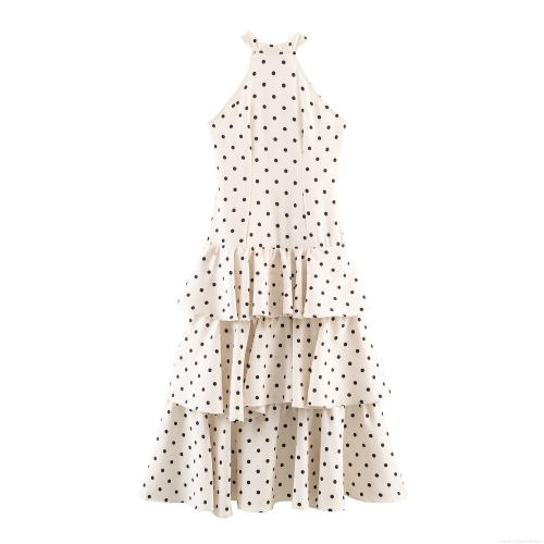 Women's Elegant Polka Dot Tiered Cake Maxi Dress Halter Neck Sleeveless Ruffle Long Dress For Party Banquet Summer