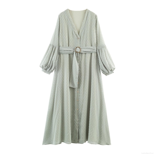 Women French Style V-Neck Maxi Dress Elegant Chiffon Swiss Dot Lantern Sleeve Belted Long Dress Sage Green Loose Fit Banquet Party Evening Dress