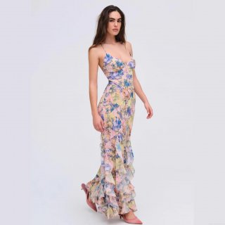 Women's Floral Print Cami Maxi Dress Sexy Backless Ruffle Layered Hem Polyester Summer Vacation Long Dress With Cross Straps For Women Banquet