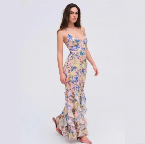 Women's Floral Print Cami Maxi Dress Sexy Backless Ruffle Layered Hem Polyester Summer Vacation Long Dress With Cross Straps For Women Banquet