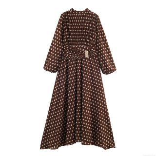 Women's Elegant Polka Dot High Neck Maxi Dress Polyester Pleated Lantern Sleeve Long Dress With Metal Buckle Retro Party A-Line Long Robe
