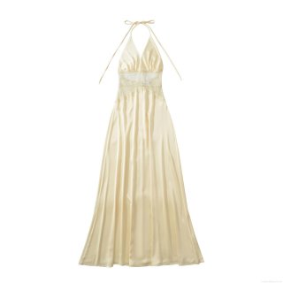 Women's Sexy Backless V-Neck Satin Maxi Dress Lace Patchwork Halter Sleeveless Slim Fit Bodycon Evening Party Long Dress