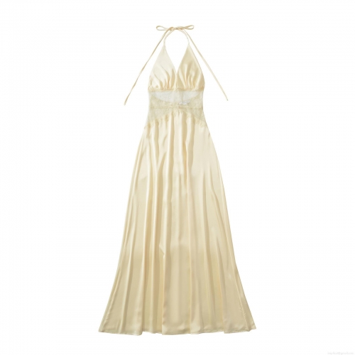 Women's Sexy Backless V-Neck Satin Maxi Dress Lace Patchwork Halter Sleeveless Slim Fit Bodycon Evening Party Long Dress