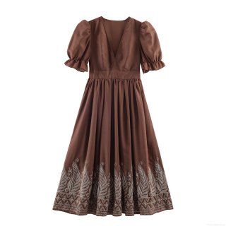 Elegant Ethnic Style Embroidered Maxi Dress Deep V-Neck Puff Sleeve Coffee Long Dress For Women Party Banquet Socialite Bohemian Retro Embroidery
