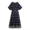 Women Elegant Navy Blue Floral Embroidered Maxi Dress With Belt V-Neck Puff Sleeve Wavy Hem Polyester Long A-Line Dress For Party Wedding Guest Women