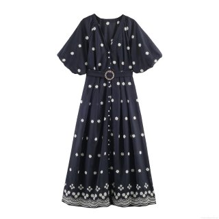 Women Elegant Navy Blue Floral Embroidered Maxi Dress With Belt V-Neck Puff Sleeve Wavy Hem Polyester Long A-Line Dress For Party Wedding Guest Women