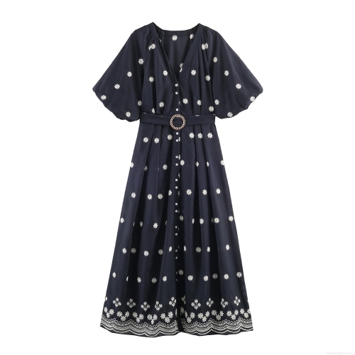 Women Elegant Navy Blue Floral Embroidered Maxi Dress With Belt V-Neck Puff Sleeve Wavy Hem Polyester Long A-Line Dress For Party Wedding Guest Women