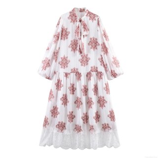 Women's Bohemian Print Maxi Dress Elegant Paisley Lantern Sleeve Pleated Lace Patchwork Long Dress Casual Vocation Party Wear