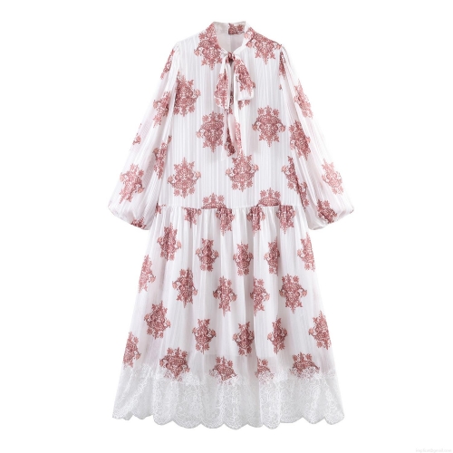 Women's Bohemian Print Maxi Dress Elegant Paisley Lantern Sleeve Pleated Lace Patchwork Long Dress Casual Vocation Party Wear