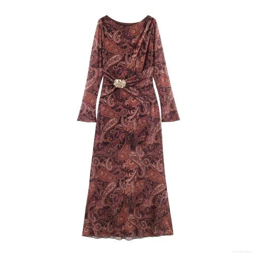 Women Sexy Mesh Polyester Paisley Print Slim Fit Long Sleeve Bodycon Maxi Dress With Gold Metal Flower Brooch Elegant Ruched Party Dress For Women