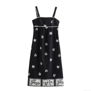 Women's Elegant Vacation Style Maxi Dress Polyester Black Floral Print Sleeveless Square Neck With Wavy Trim Back Bow Tie Long A-Line Dress for Summer Beach Travel Party