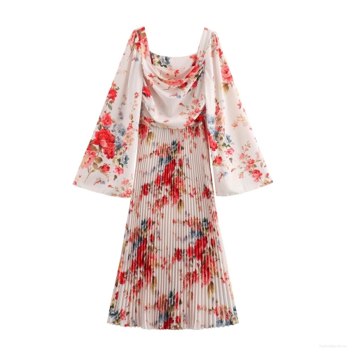 French Style Floral Maxi Dress Polyester Pleated Flare Long Sleeve Square Neck Vintage Romantic Elegant A-Line Dress For Women Dating Daily Vacation Spring Autumn