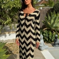 Women's Elegant Chevron Wave Knit Maxi Dress V-Neck with Tie Long Sleeve Sleeveless Slim Fit Polyester Knitted Dresses for Summer Vacation Party