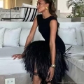 Elegant Women Black Knit Polyester Maxi Dress Sexy Backless Sleeveless Bodycon Long Dress With Fringe Feather Trim Party Banquet Evening Gown