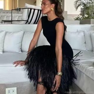 Elegant Women Black Knit Polyester Maxi Dress Sexy Backless Sleeveless Bodycon Long Dress With Fringe Feather Trim Party Banquet Evening Gown
