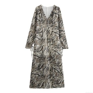 Elegant Tiger Print V Neck Long Sleeve Maxi Dress With Side Drawstring Slit Chiffon Style Retro High Waist Long Dresses For Women Party Vacation