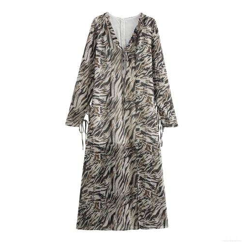 Elegant Tiger Print V Neck Long Sleeve Maxi Dress With Side Drawstring Slit Chiffon Style Retro High Waist Long Dresses For Women Party Vacation