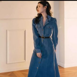 Retro Corduroy Maxi Dress Women Long Sleeve Suit Collar Button Down with Belt Elegant Polyester Autumn Winter Evening Party Gown