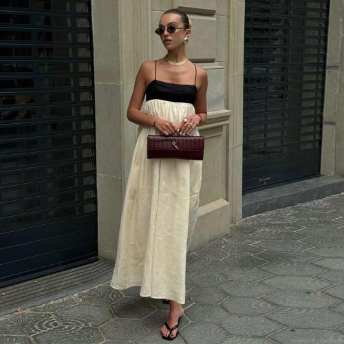 Women Sexy Color Block Backless Maxi Dress Spaghetti Straps Loose Fit Vacation Sleeveless Long Dress Polyester Blend Elegant Evening Party Summer Beach Sundress
