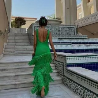 Women Sexy Knit Fringe Maxi Dress Sleeveless Bodycon Round Neck Layered Tassel Long Dress For Party Vacation Nightclub