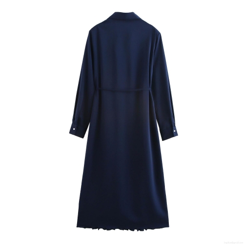 Women French Elegant Satin Maxi Dress Pleated Design High Waist Sash Long Sleeve Solid Color Evening Party Gown For Lady