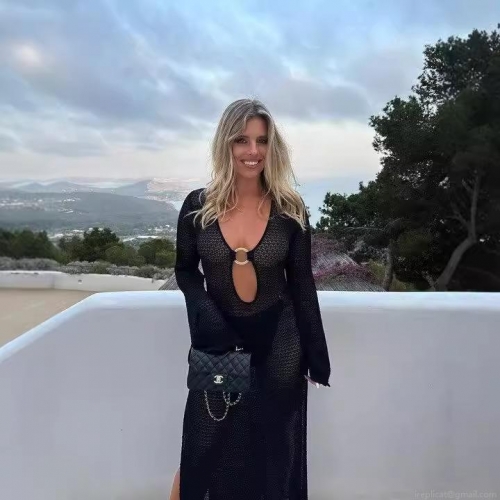 Women Sexy V Neck Hollow Out Knit Maxi Dress Long Sleeve Flare Sleeve Metal Ring Detail Beach Cover Up Vacation Party Bodycon Dresses