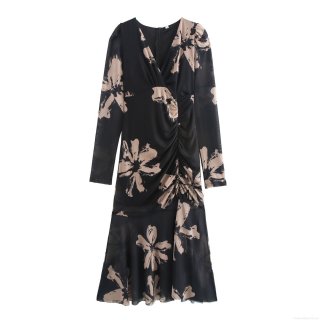 Women's Sexy V-Neck Mesh Polyester Maxi Dress Elegant Floral Print Ruched Long Sleeve Fishtail Bodycon Evening Party Club Gown