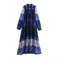 Elegant Floral Print Polyester Chiffon Maxi Dress With Belt Half High Neck Long Sleeve A-Line Flowy Party Dress For Women Vacation