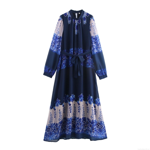 Elegant Floral Print Polyester Chiffon Maxi Dress With Belt Half High Neck Long Sleeve A-Line Flowy Party Dress For Women Vacation