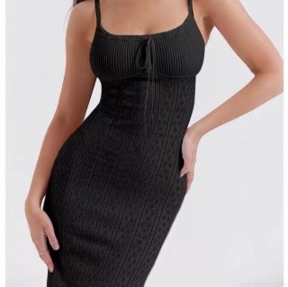 Women's Sexy Backless Knit Maxi Dress Polyester Ribbed Pointelle Sleeveless Cami Dress With Front Tie Square Neck Bodycon Long Dress For Party Clubwear Vacation