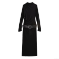 Women's Elegant Sexy Knitted Bodycon Maxi Dress Mock Neck Long Sleeve Ruched Design With Wide Belt For Party Clubwear