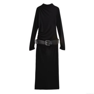 Women's Elegant Sexy Knitted Bodycon Maxi Dress Mock Neck Long Sleeve Ruched Design With Wide Belt For Party Clubwear