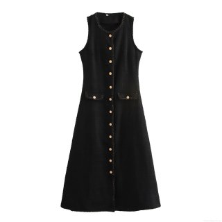 Elegant French Style Sleeveless Tweed Maxi Dress For Women Round Neck Single Breasted Gold Button A-Line Long Dress For Party Office Daily Wear