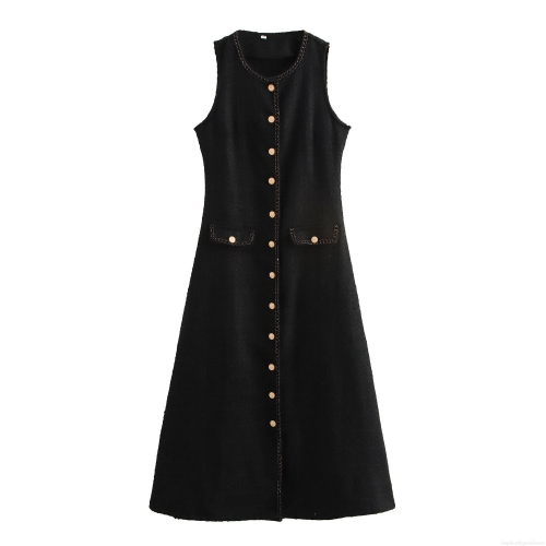 Elegant French Style Sleeveless Tweed Maxi Dress For Women Round Neck Single Breasted Gold Button A-Line Long Dress For Party Office Daily Wear