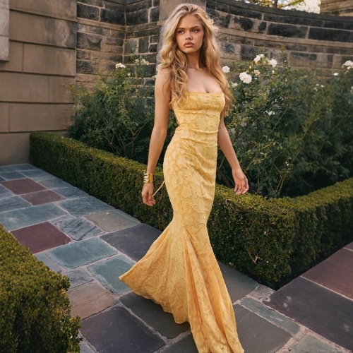 Women Sexy Backless Jacquard Maxi Dress Sleeveless Lace Up Fishtail Party Evening Dress French Elegant Bodycon Long Sun Dress For Wedding Date Summer