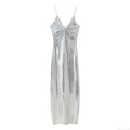 Women's Sexy Silver Sequin Maxi Dress Hollow Out V Neck Sleeveless Bodycon Party Evening Formal Dress Long Gown