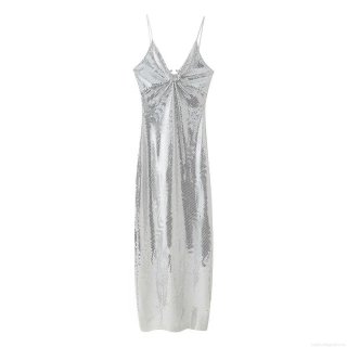 Women's Sexy Silver Sequin Maxi Dress Hollow Out V Neck Sleeveless Bodycon Party Evening Formal Dress Long Gown