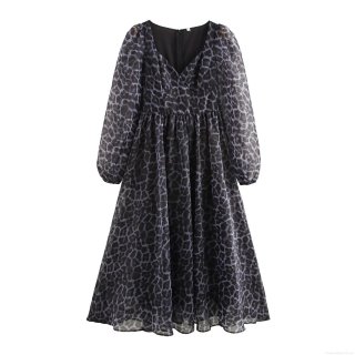 French Vintage Leopard Print Maxi Dress Women Chiffon Organza Long Sleeve Square Neck Slim Fit High Waist Party Dress Long Gown