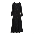 Sexy French Lace Maxi Dress Women Round Neck Long Sleeve Slim Fit Bodycon Evening Party Long Gown Elegant Black Hollow Out Floral Dress