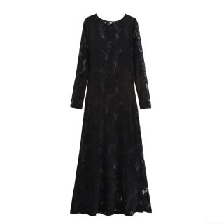 Sexy French Lace Maxi Dress Women Round Neck Long Sleeve Slim Fit Bodycon Evening Party Long Gown Elegant Black Hollow Out Floral Dress