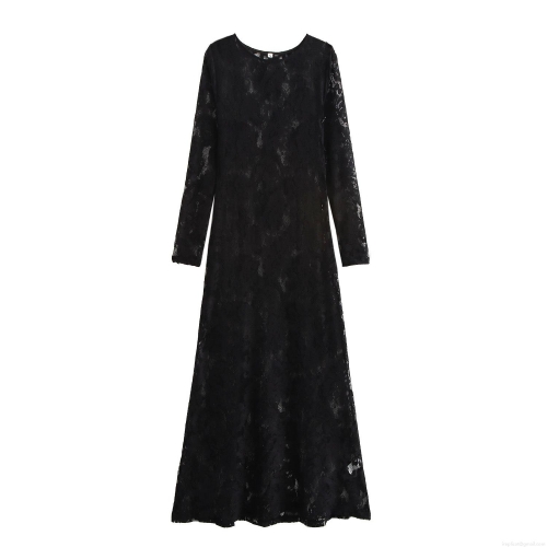 Sexy French Lace Maxi Dress Women Round Neck Long Sleeve Slim Fit Bodycon Evening Party Long Gown Elegant Black Hollow Out Floral Dress
