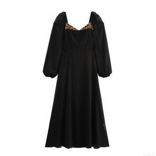 Elegant Women Leopard Print Splicing Maxi Dress French Vintage Square Neck Long Sleeve Shirred Puff Sleeve Dress For Party Evening High Waist Pullover Slim Fit Long Skirt
