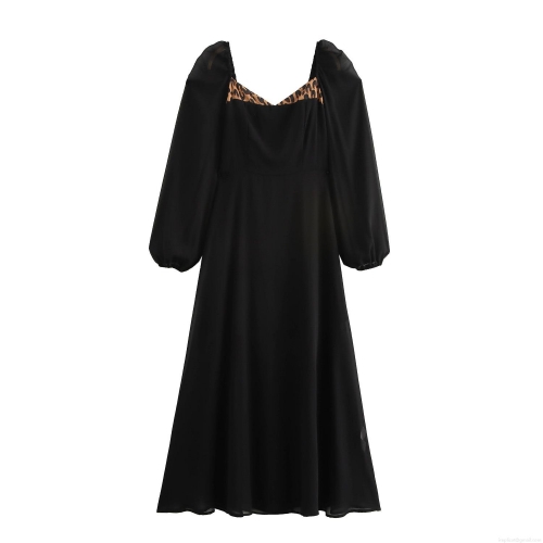 Elegant Women Leopard Print Splicing Maxi Dress French Vintage Square Neck Long Sleeve Shirred Puff Sleeve Dress For Party Evening High Waist Pullover Slim Fit Long Skirt