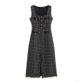 French Vintage Houndstooth Tweed Maxi Dress For Women Elegant Sleeveless Square Neck Metal Button Decorative Fringed Hem Long Bodycon Dress