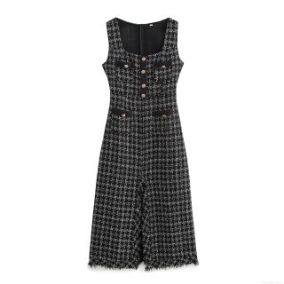 French Vintage Houndstooth Tweed Maxi Dress For Women Elegant Sleeveless Square Neck Metal Button Decorative Fringed Hem Long Bodycon Dress