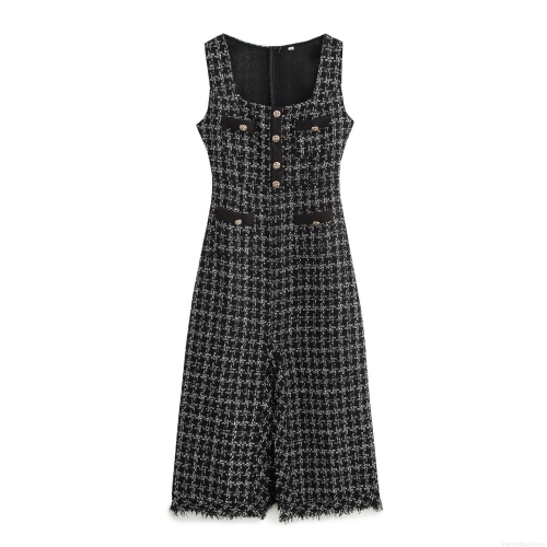French Vintage Houndstooth Tweed Maxi Dress For Women Elegant Sleeveless Square Neck Metal Button Decorative Fringed Hem Long Bodycon Dress