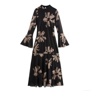 Women's Sexy Semi High Neck Mesh Maxi Dress Large Flower Print Flared Long Sleeve Slim Fit Bodycon Pencil Dress For Evening Party Clubwear